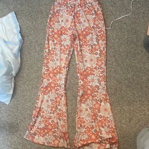Orange Flower Printed Flare Pants
